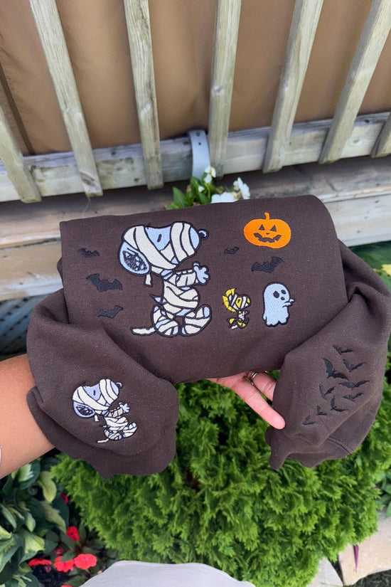 Cute Halloween Embroidered Sweatshirt – Mummy Dog & Ghosts Fall Crewneck, Spooky Season Aesthetic, Cozy October Sweater