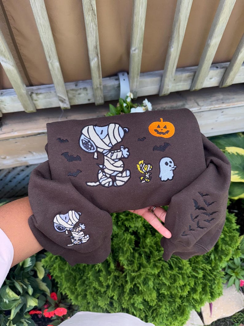 Cute Halloween Embroidered Sweatshirt – Mummy Dog & Ghosts Fall Crewneck, Spooky Season Aesthetic, Cozy October Sweater