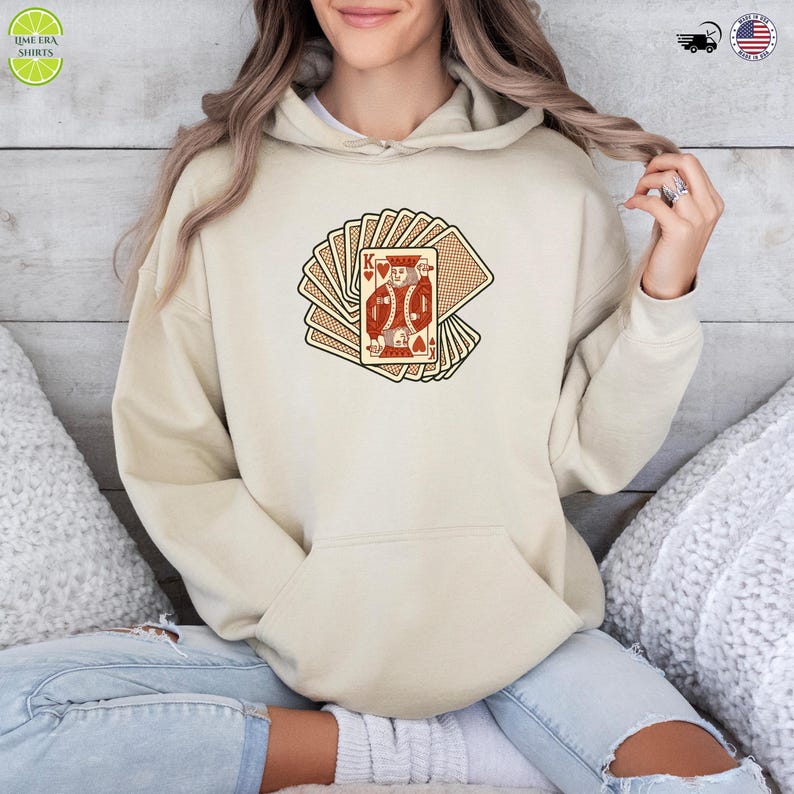 Poker Cards Graphic Hoodie, Vintage King Playing Card Sweatshirt, Casino Theme T-shirt For Gamers, Lucky Gamble Longsleeve, Card Player Gift