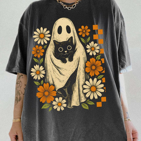 Retro Halloween Ghost And Cat, Spooky Ghost, Boo Halloween Shirt, Preppy Floral Halloween Shirt, T-Shirt