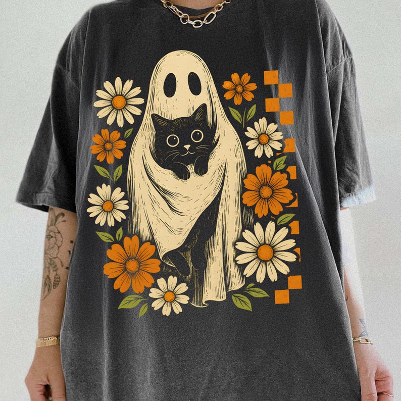 Retro Halloween Ghost And Cat, Spooky Ghost, Boo Halloween Shirt, Preppy Floral Halloween Shirt, T-Shirt
