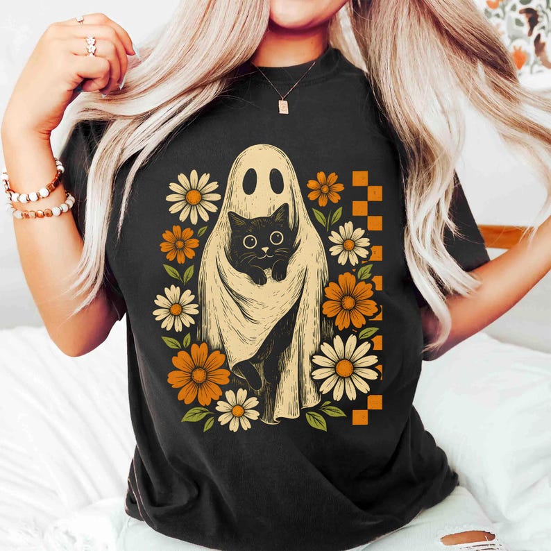 Retro Halloween Ghost And Cat, Spooky Ghost, Boo Halloween Shirt, Preppy Floral Halloween Shirt, T-Shirt