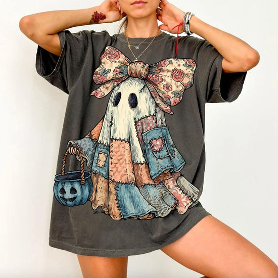 Retro Halloween Blue Denim Ghost, Trendy Patchwork Spooky Ghost, Cute Boo Ghost Coquette Shirt, T-Shirt