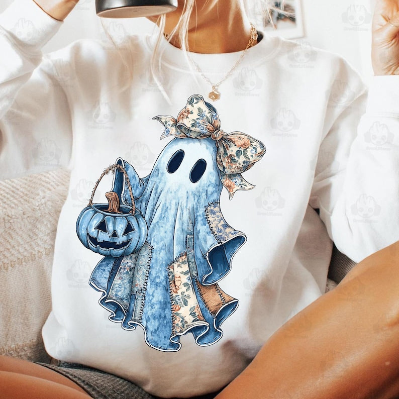 Retro Halloween Blue Denim Ghost Shirt, Trendy Patchwork Spooky Ghost Shirt, Cute Boo Ghost Coquette Sweatshirt