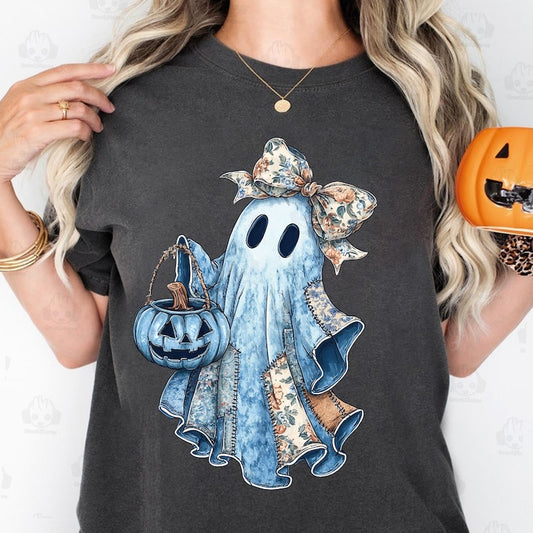 Retro Halloween Blue Denim Ghost Shirt, Trendy Patchwork Spooky Ghost Shirt, Cute Boo Ghost Coquette Shirt, T-Shirt