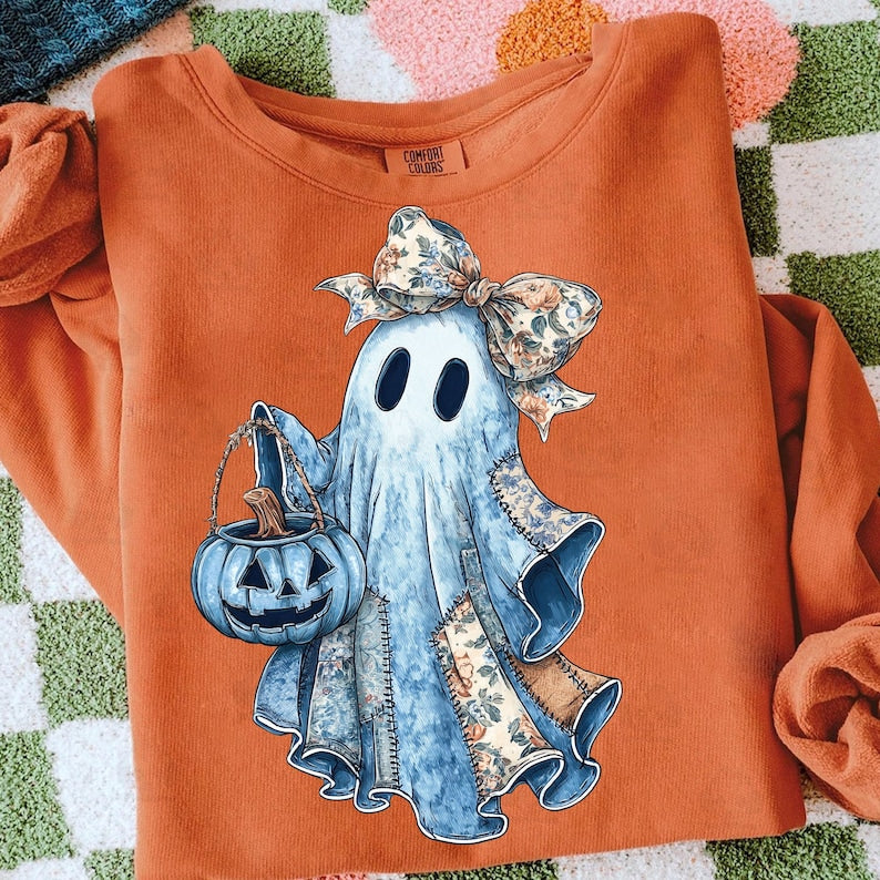 Retro Halloween Blue Denim Ghost Shirt, Trendy Patchwork Spooky Ghost Shirt, Cute Boo Ghost Coquette Sweatshirt