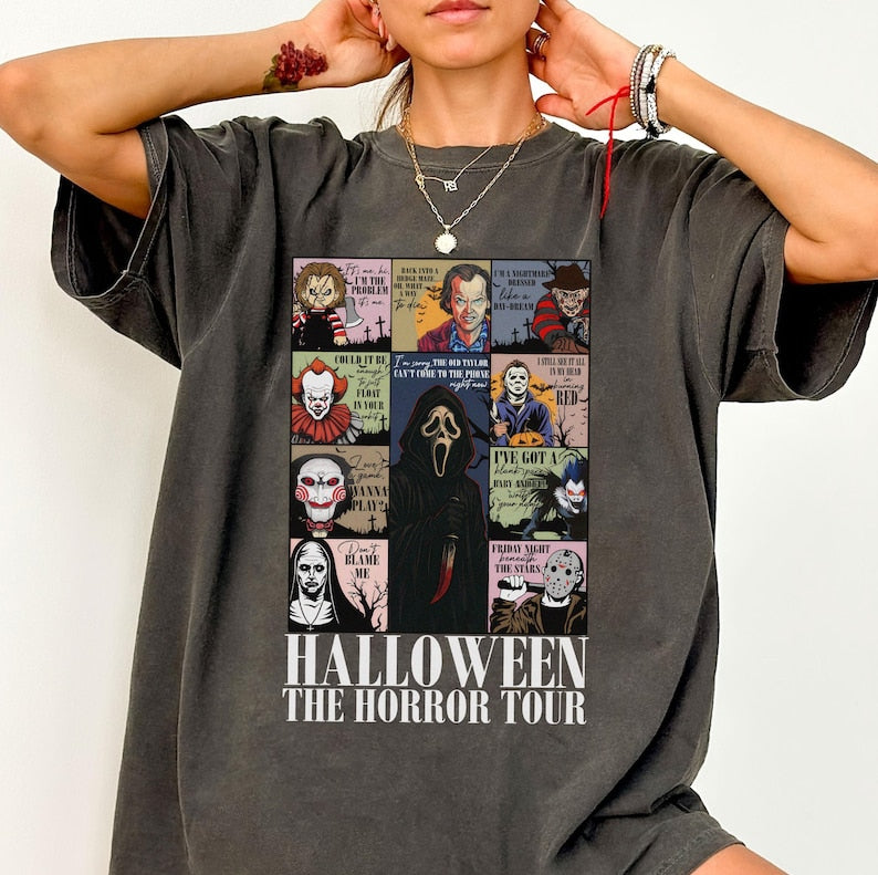 Retro Horror Characters Halloween Shirt, Horror Movie Shirt, Halloween Lyrics Sweatshirt, Halloween Horror Nights 2025, Trick or Treat Shirt