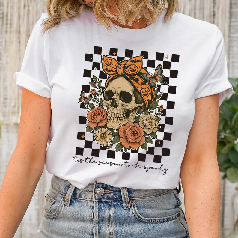Floral Skull Shirt, Halloween Skeleton T-Shirt, Spooky Season Gift, Horror Skull Tee, Trick or Treat T Shirt, Creepy Fall Autumn Season Gift