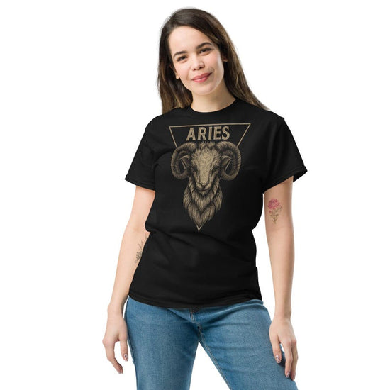 Gothic Aries Zodiac T-Shirt – Vintage Tattoo Style Ram Design | March 21 - April 20 | Astrological Graphic Tee | Aries Birthday Gift