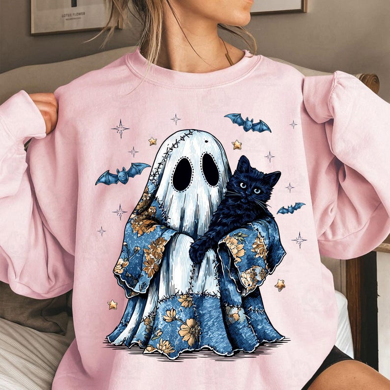 Retro Halloween Ghost And Cat, Retro Halloween Blue Denim Ghost, Trendy Patchwork Spooky Ghost Shirt, Sweatshirt
