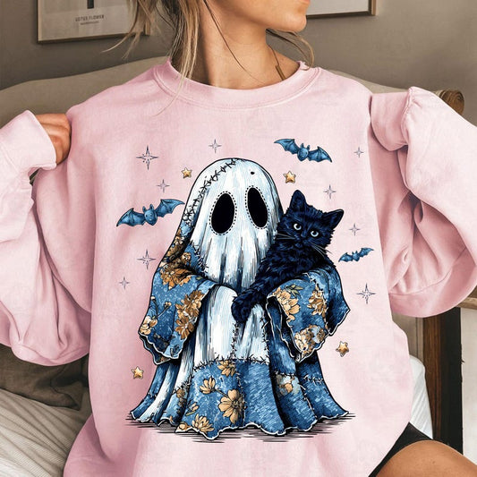 Retro Halloween Ghost And Cat, Retro Halloween Blue Denim Ghost, Trendy Patchwork Spooky Ghost Shirt, Sweatshirt