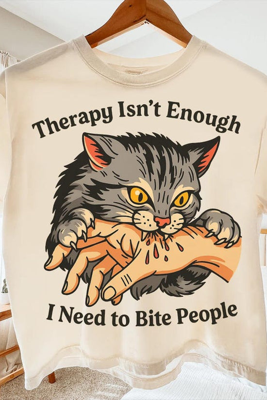 Funny Cat Biting Shirt for Cat Lovers, Therapy Isn't Enough I Need to Bite People Graphic Tee, Sarcastic Mental Health Cat Shirt, T-Shirt