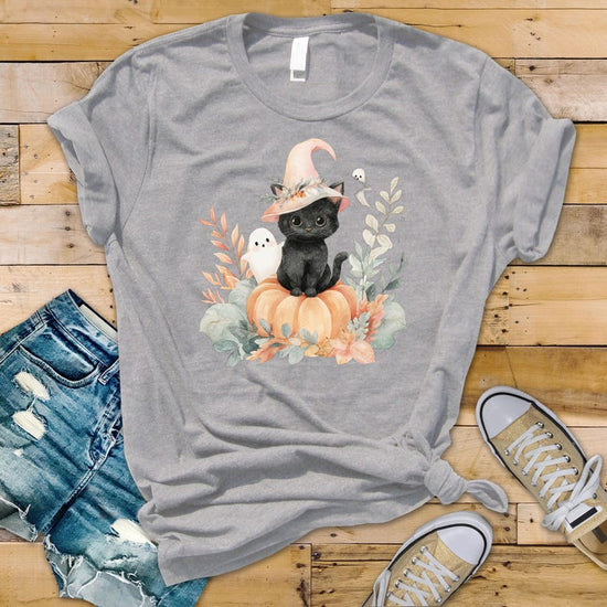 Adorable Halloween Black Cat & Ghost Pumpkin T-Shirt | Spooky Cute Kitty Tee