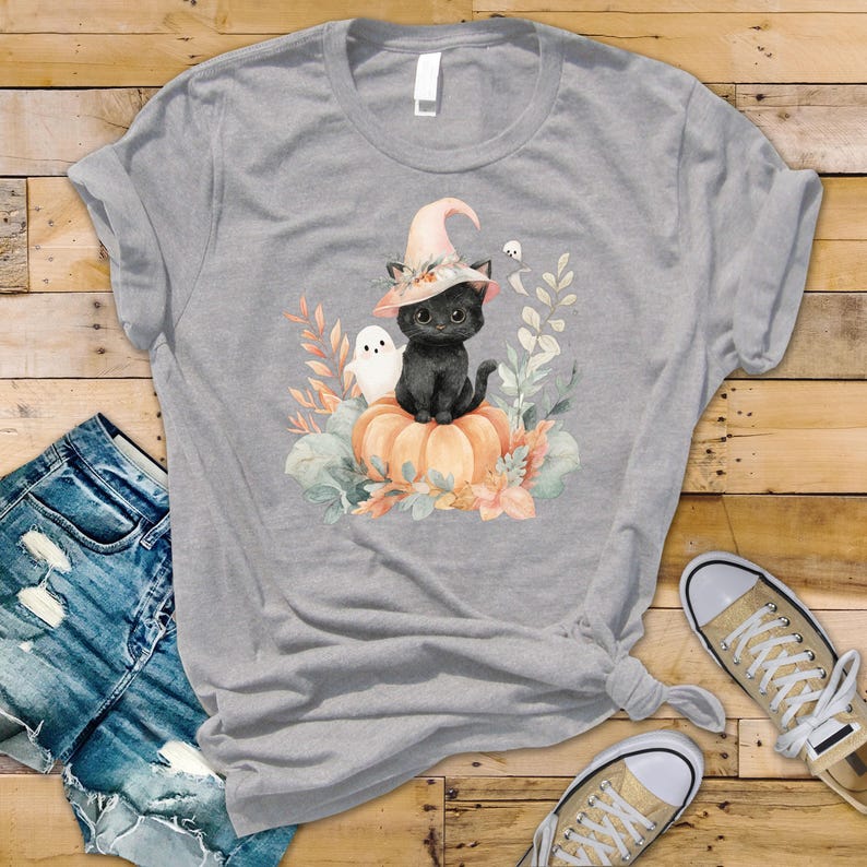 Adorable Halloween Black Cat & Ghost Pumpkin T-Shirt | Spooky Cute Kitty Tee
