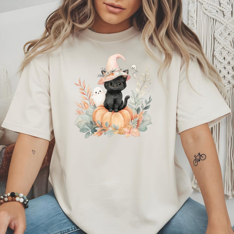Adorable Halloween Black Cat & Ghost Pumpkin T-Shirt | Spooky Cute Kitty Tee