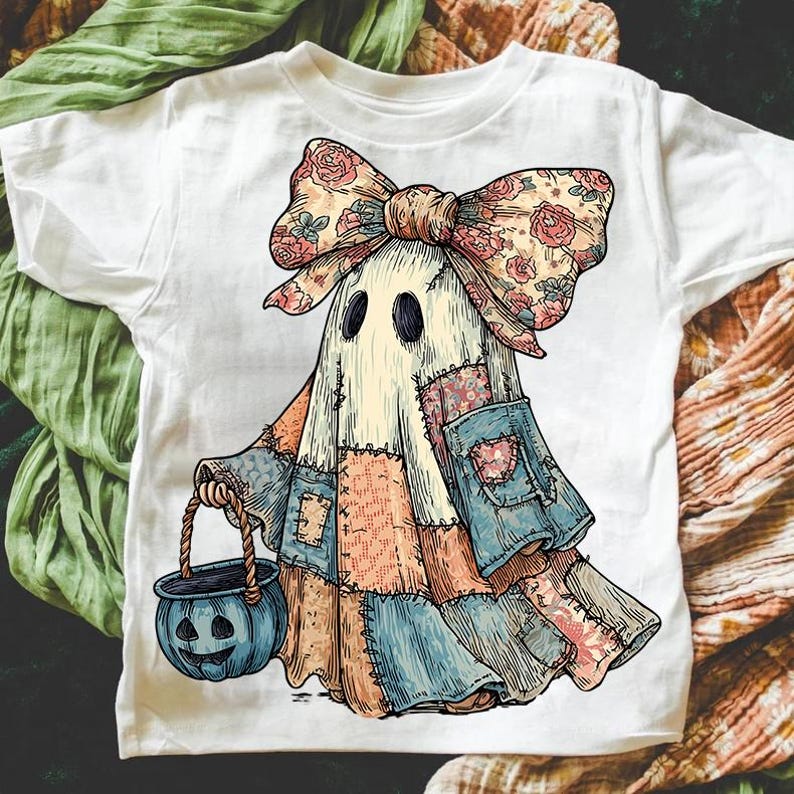 Retro Halloween Blue Denim Ghost, Trendy Patchwork Spooky Ghost, Cute Boo Ghost Coquette Shirt, T-Shirt