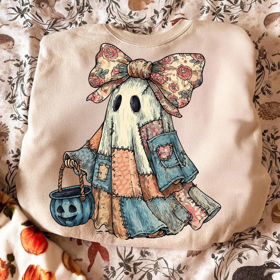 Retro Halloween Blue Denim Ghost, Trendy Patchwork Spooky Ghost, Cute Boo Ghost Coquette Shirt, T-Shirt