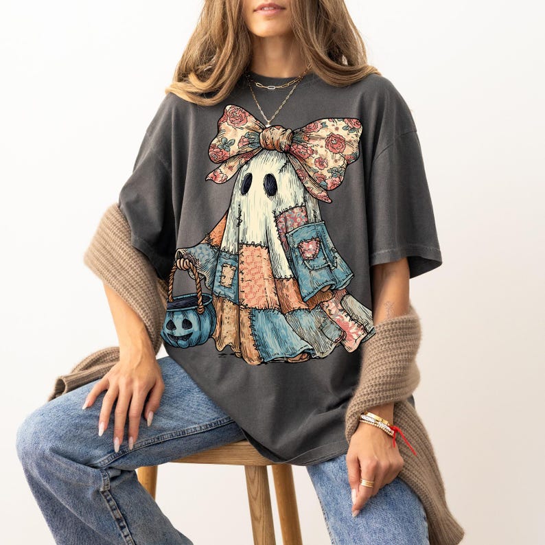 Retro Halloween Blue Denim Ghost, Trendy Patchwork Spooky Ghost, Cute Boo Ghost Coquette Shirt, T-Shirt