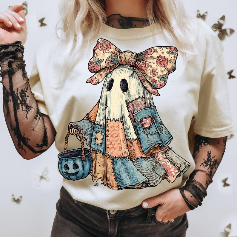 Retro Halloween Blue Denim Ghost, Trendy Patchwork Spooky Ghost, Cute Boo Ghost Coquette Shirt, T-Shirt