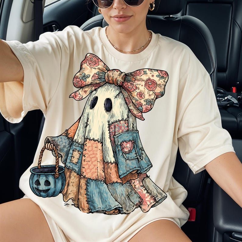 Retro Halloween Blue Denim Ghost, Trendy Patchwork Spooky Ghost, Cute Boo Ghost Coquette Shirt, T-Shirt