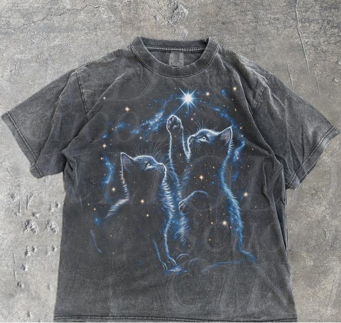Two Cats Playing Galaxy Vintage Graphic T-shirts, Cat Star T Shirt Cosmic Kittens Graphic Tee Galaxy Space Cat Lover Gift Retro Starry Tee